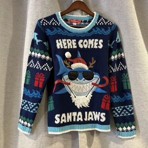 Christmas Sweater Boys Large 33 Degrees Blue Shark Holiday Here Comes Santa Jaws